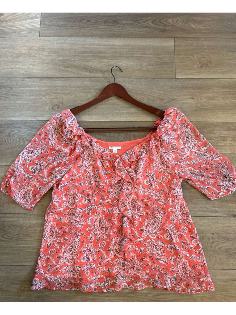 Cato Coral Paisley Ruffle Blouse Women’s XL Boho Floral Top